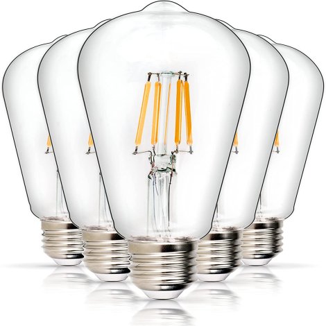 5-Pack ST64 E26 Vintage LED Edison Bulb 120V 5W (60 Watt Equivalent) by BlueStars - Antique LED Filament Bulb, Cool White 4000K 550lm, Medium Base Clear Glass for Home, Bedroom, Office, Non-Dimmable