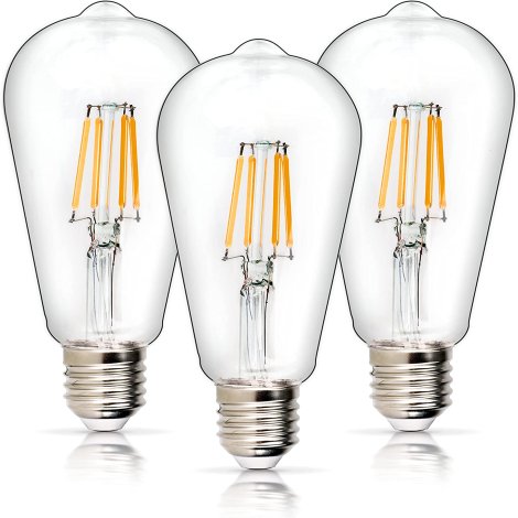 3-Pack ST64 E26 Vintage LED Edison Bulb 120V 5W (60 Watt Equivalent) by BlueStars - Antique LED Filament Bulb, Cool White 4000K 550lm, Medium Base Clear Glass for Home, Bedroom, Office, Non-Dimmable