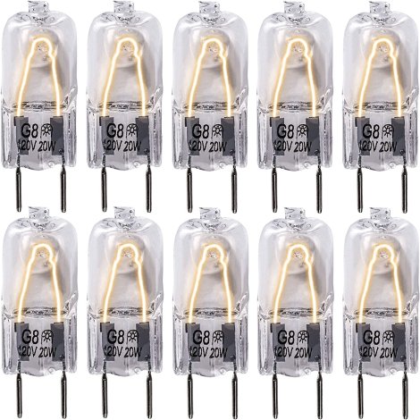 [Pack of 10] Ultra Durable JCD G8 T4 Bi-pin Base Shorter 35mm (1,38") Length Halogen Light Bulb 120V 20W Replacement Part by Blue Stars - Ideal Fit for Under Cabinet Puck Lights Kitchen Range Hood