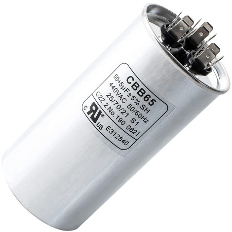 50+5 MFD uf 370 or 440 Volt VAC Dual Run Circular Start Capacitor Replacement Part by BlueStars - Exact Fit for Condenser Straight Cool or Heat Pump Air Conditioner - Replaces 97F9850 97F9970