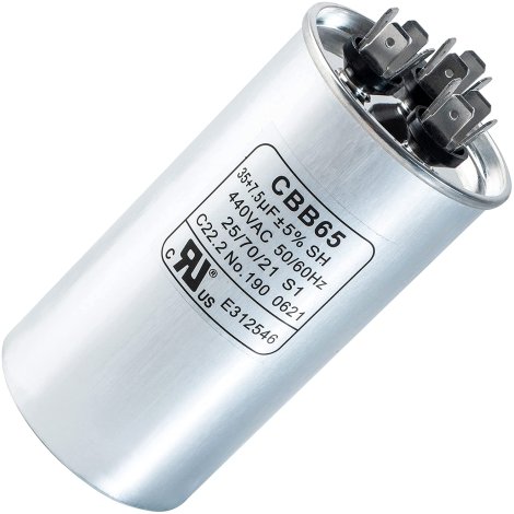 35+7.5 uf MFD ±5% 370 or 440 Volt AC CBB65B Dual Run Round Capacitor by BlueStars - Exact Fit for AC Motor Run or Fan Start and Cool or Heat Pump Air Conditioner - Replaces TRCFD3575, Z97F9830