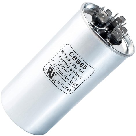 55+7.5 uf MFD ±5% 370 or 440 Volt AC CBB65B Dual Run Round Capacitor by BlueStars - Exact Fit for Condenser Straight Cool or Heat Pump Air Conditioner - Replaces C35575R, TT-CAP-55/7.5/440